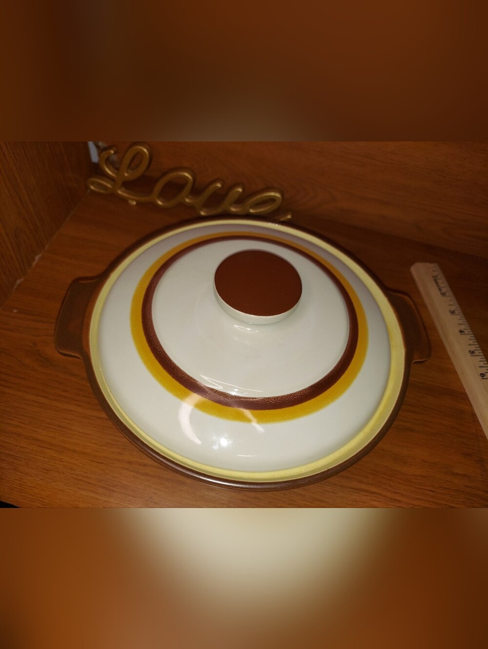 1970s RETRO Glazed Brown & Yellow Ceramic Stoneware Casserole Dish Matching Lid